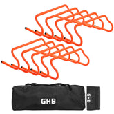 GHB front packaging showing ten neon-orange agility hurdles and included bag, portable training