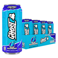 GHOST lata frontal azul frambuesa mostrando diseño y beneficio energía clara