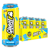 GHOST energy front packaging showing 12-pack and bold Blue Raspberry flavor benefit