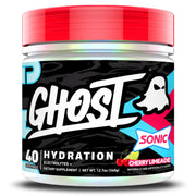 GHOST tub front packaging showing Sonic Cherry Limeade and 40 servings benefit