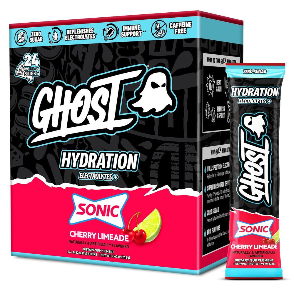 GHOST front packaging showing 24 Sonic Cherry Limeade sticks and benefits