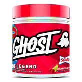 GHOST Legend frente del envase mostrando sabor Sonic Cherry Limeade y beneficios