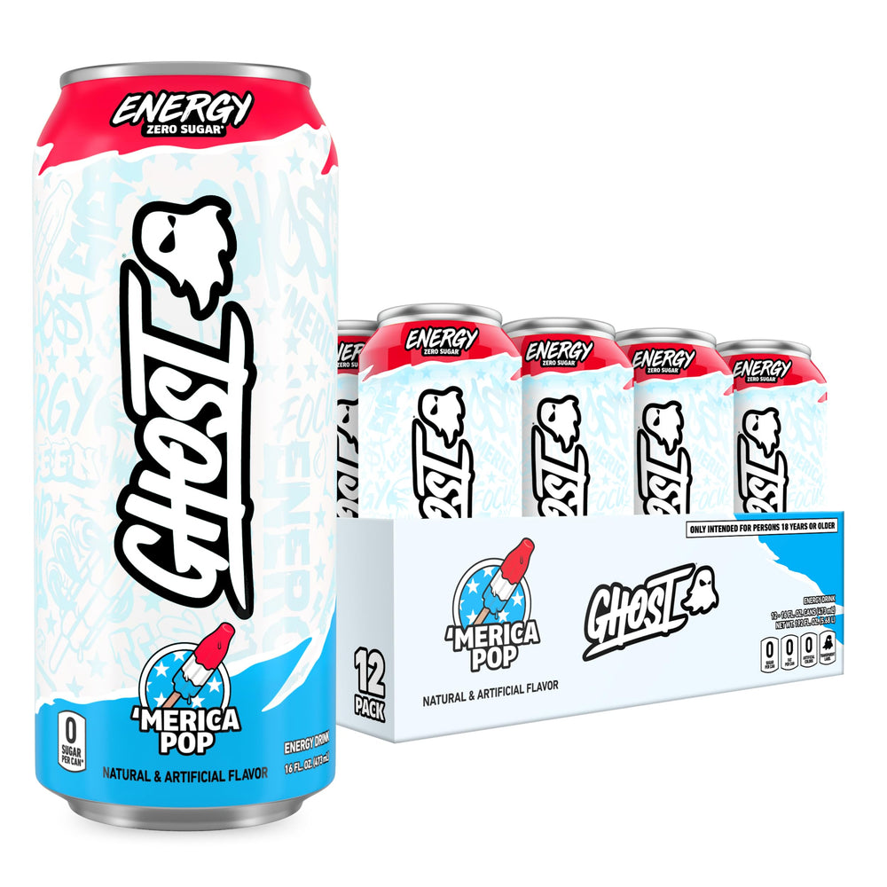 GHOST lata frontal 12-pack 'Merica Pop mostrando diseño y tamaño