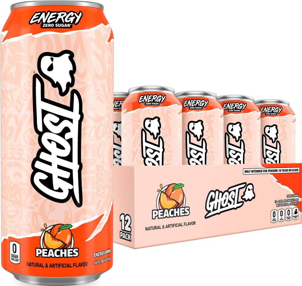 GHOST lata frontal Peaches mostrando el diseño y beneficio de energía clara
