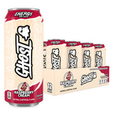GHOST front packaging showing 12-pack and Raspberry Cream flavor benefits