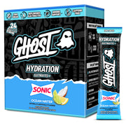 GHOST Sonic Ocean Water front packaging showing box and branding, highlights convenience