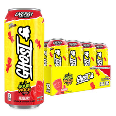 GHOST lata frontal Sour Patch Kids Redberry mostrando el diseño y tamaño práctico