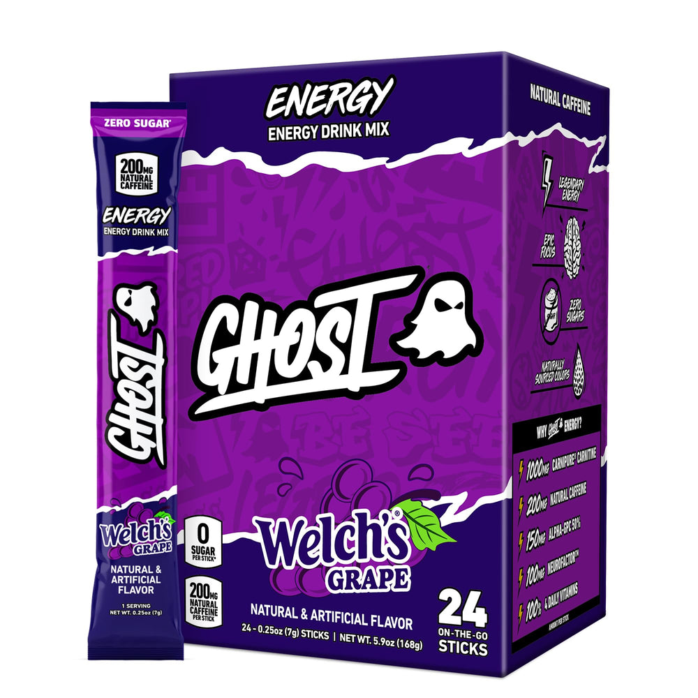 GHOST Welch's Grape front packaging showing 24 sticks and benefits