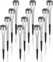 GIGALUMI front view of 12-pack garden lights showing modern design and benefit