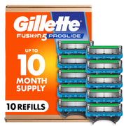 Gillette Fusion5 ProGlide front packaging showing ten blade refills and clear branding for easy restock