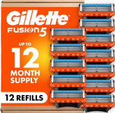 Gillette Fusion5 front packaging showing 12 cartridges for long-lasting supply and convenience
