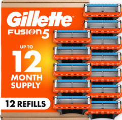 Gillette Fusion5 front packaging showing 12 cartridges for long-lasting supply and convenience