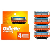 Gillette Fusion5 vista frontal del paquete mostrando cuatro recambios, conveniencia y repuesto
