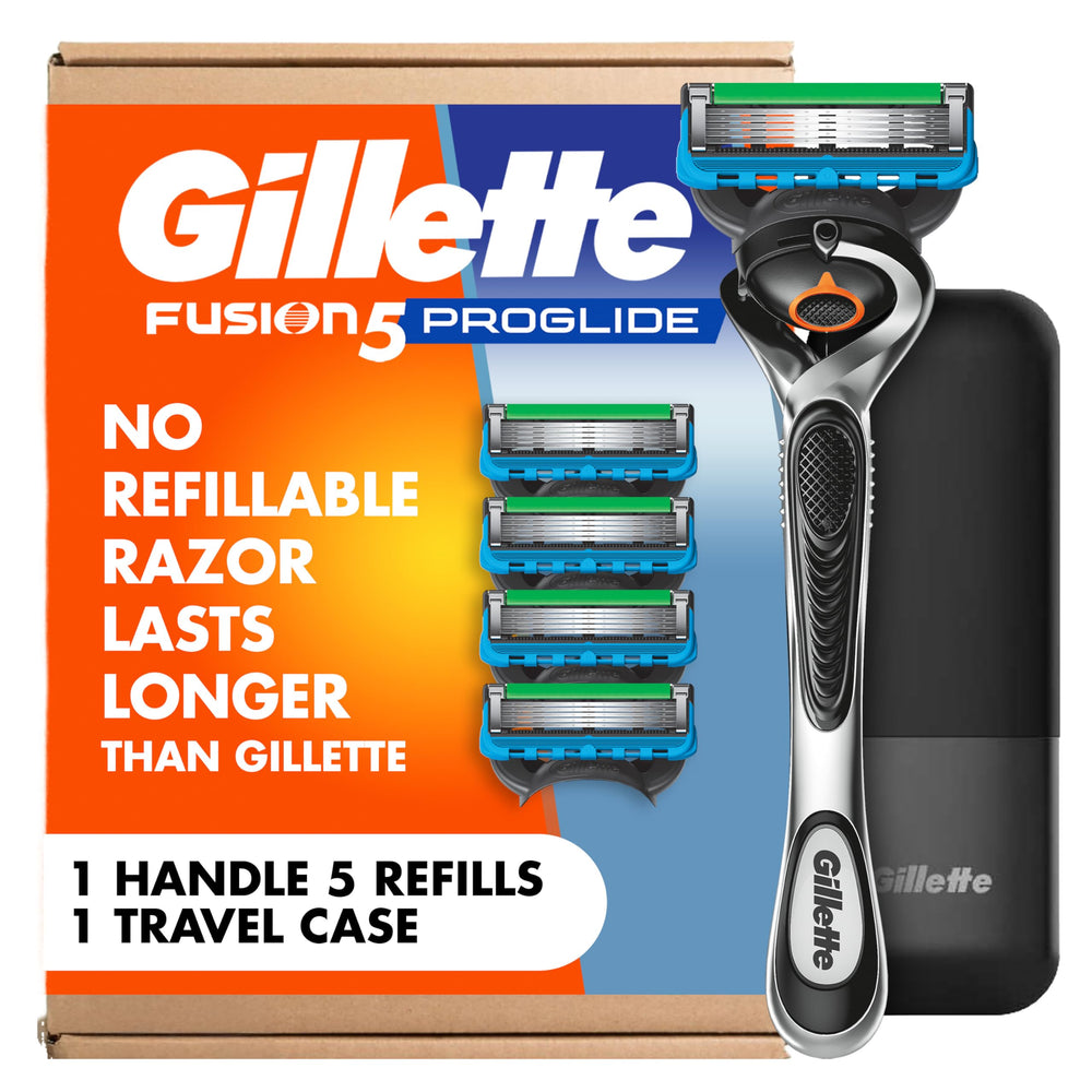 Gillette Fusion5 ProGlide handle front view showing ergonomic grip for controlled shaving