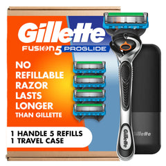 Gillette Fusion5 ProGlide handle front view showing ergonomic grip for controlled shaving