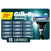 Gillette Mach3 front packaging showing 15 refills and convenience