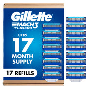 Gillette Mach3 Turbo paquete frontal mostrando 17 recambios y almacenamiento prolongado