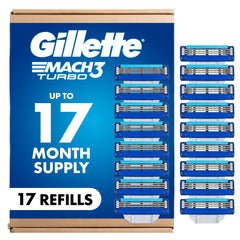 Gillette Mach3 Turbo paquete frontal mostrando 17 recambios y almacenamiento prolongado