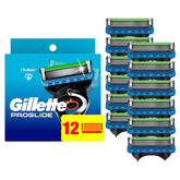 Gillette mostrando el empaque frontal con 12 recambios, conveniencia de stock