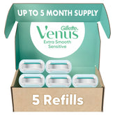 Gillette Venus frente del paquete mostrando 5 cartuchos y ventaja práctica
