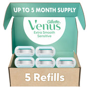 Gillette Venus frente del paquete mostrando 5 cartuchos y ventaja práctica