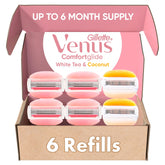 Gillette Venus frente del paquete mostrando los seis recambios y beneficio de variedad