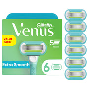Gillette Venus empaque frontal mostrando seis recambios y beneficio de ahorro
