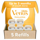 Gillette Venus paquete frontal mostrando cinco recambios y beneficio hidratación