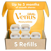 Gillette Venus paquete frontal mostrando cinco recambios y beneficio hidratación