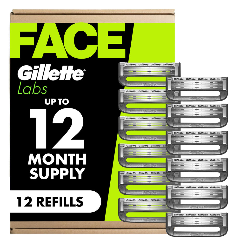 Gillette branded front packaging showing 12-count refill pack and benefits