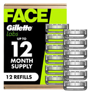 Gillette branded front packaging showing 12-count refill pack and benefits
