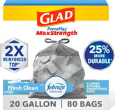 Glad bolsa frontal en caja mostrando 80 unidades y beneficio de capacidad extra