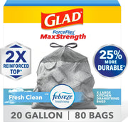 Glad bolsa frontal en caja mostrando 80 unidades y beneficio de capacidad extra