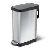 Glad slim trash can front view showing narrow stainless design and clean look