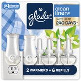 Glade frontal del paquete Clean Linen mostrando contents y beneficio aroma duradero