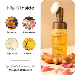 Glo Melanin ingredientes activos curcuma y kojic enfatizando acción unificante