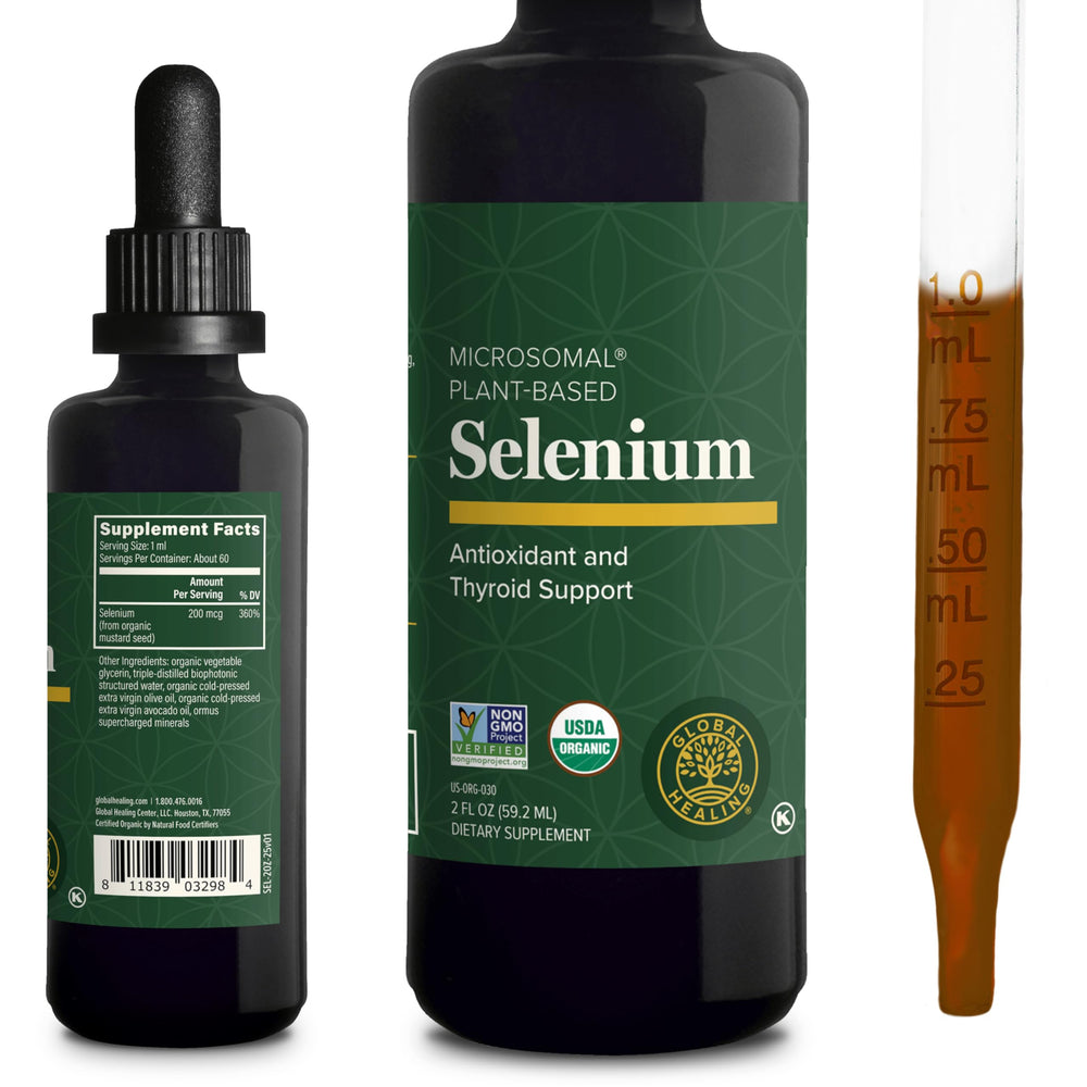 Global Healing Center botella frontal mostrando gotas de selenio y etiquetado claro