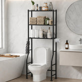 GloTika front view of over-toilet storage showing organized shelves and space saving