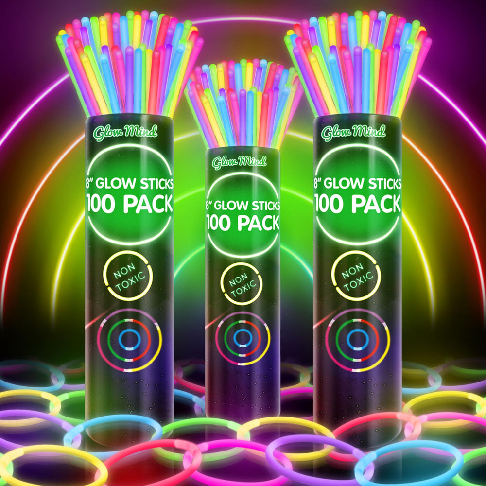 Glow Mind envase frontal mostrando 300 palos luminosos, ideal para grandes fiestas