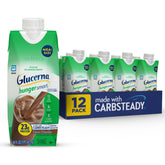 Glucerna botella frontal chocolate mostrando envase práctico y control de porciones