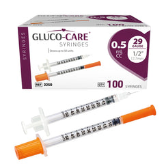 GLUCO-CARE frente del empaque mostrando caja de 100 jeringas y beneficio de almacenamiento