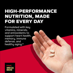GNC Mega Men 50 Plus envase en manos para visualizar escala del producto