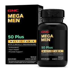 GNC Mega Men 50 Plus botella frontal mostrando etiqueta y cantidad de tabletas