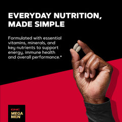 Open GNC Mega Men Sport bottle with pills spilling, illustrating daily serving convenience