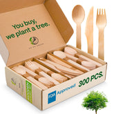 GO GO GREEN front packaging showing 300-piece compostable wooden cutlery set, easy storage benefit