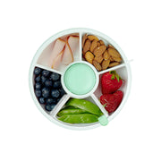 GoBe front view of mint green snack spinner showing five compartments and lid, easy-portable