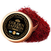 Golden Saffron front tin showing premium packaging and freshness benefit
