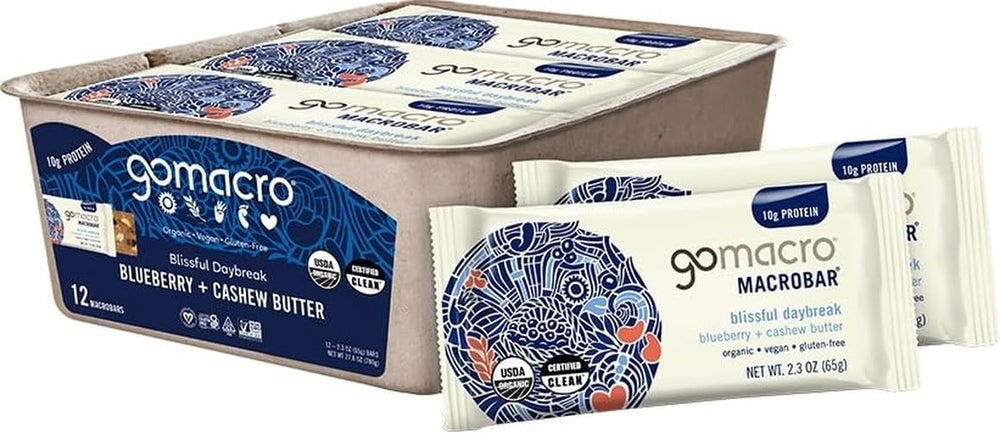 GoMacro front packaging showing blueberry cashew bars and certifications