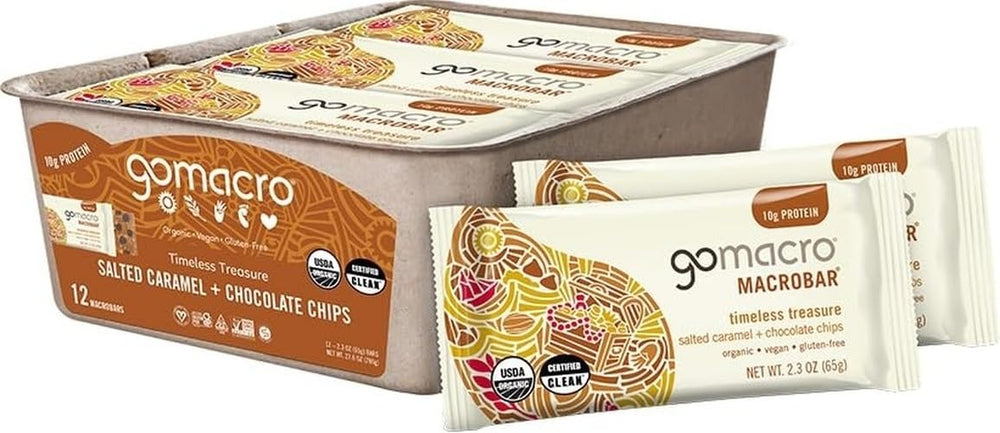 GoMacro front packaging showing salted caramel chocolate chips and organic badge for convenience
