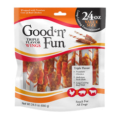 GOOD 'N' FUN embalaje frontal mostrando alitas y tamaño, atractivas y claras